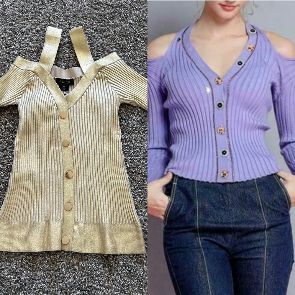 NWT AS by DF medium gold Cara Knit Top cold shoulder stretch blouse sustainable